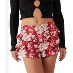 Free People Red Floral Ruffle Shorts